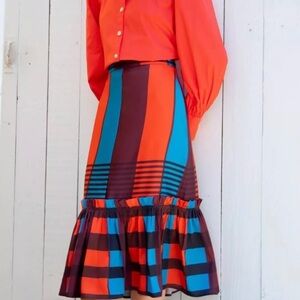🆕 Anthropologie Eva Franco Flounced Hem Midi Skirt Red Blue Plaid Motif